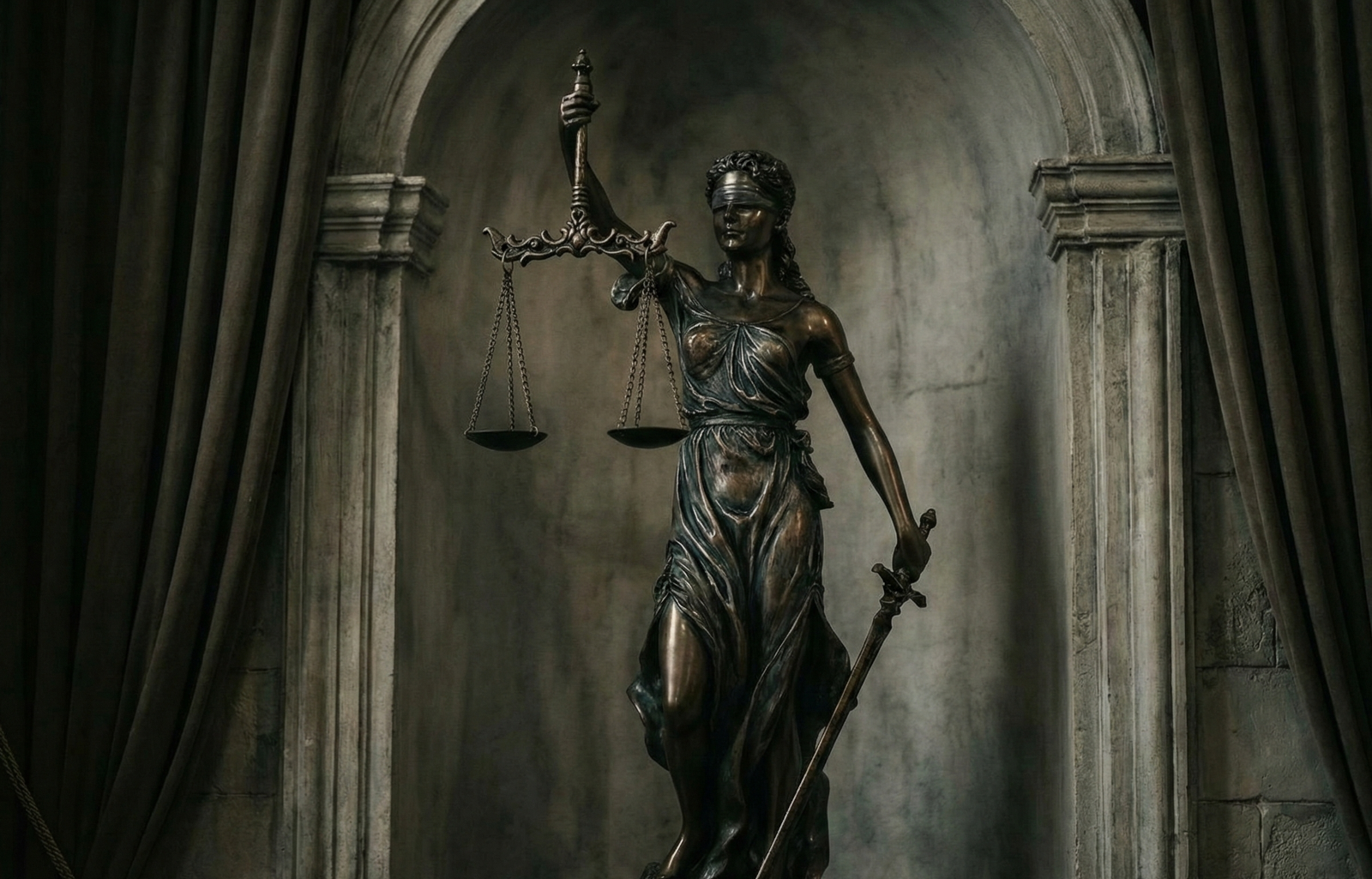 Lady Justice statue with scales and sword